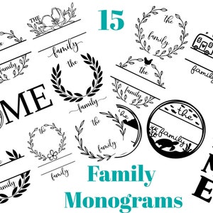 Peut inclure: Un ensemble de 15 motifs de monogrammes familiaux en noir et blanc. Les motifs présentent des couronnes, des branches et les mots "the family" et "home". Les motifs sont disponibles aux formats SVG, PNG, DXF et EPS.