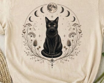 T-shirt met zwarte kat en tarotmotief, T-shirt met botanische afbeelding, vintage heksenachtig sweatshirt, Comfort Colors dames T-shirt