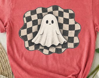 Geruit spookshirt, een beetje spookachtig T-shirt, retro Halloween-sweatshirt, leuk dames-T-shirt in vintage stijl voor de herfst.