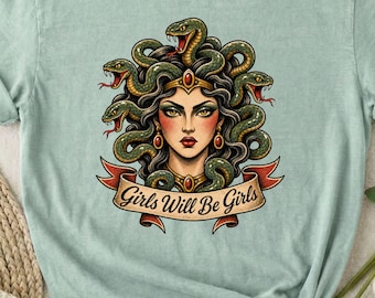 T-shirt met de tekst "Girls Will Be Girls", Medusa Halloween-shirt, T-shirt uit het tijdperk van de schurken, T-shirt met Griekse mythologie, trendy Halloween-sweatshirt, Comfort Colors-t-shirt