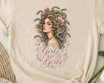 T-shirt met de tekst "Girls Will Be Girls", Medusa Halloween-shirt, T-shirt uit het tijdperk van de schurken, T-shirt met Griekse mythologie, trendy Halloween-sweatshirt, Comfort Colors-t-shirt