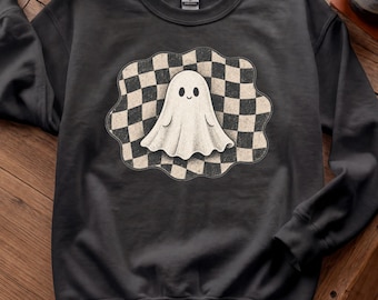 Checkered Ghost Shirt, A Little Bit Haunted Tee, Retro Halloween Sweatshirt, Cute Women's Fall Crewneck Sweatshirt Vintage Style