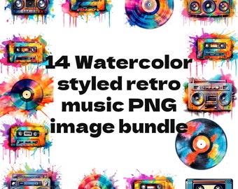 Op de afbeelding: Een verzameling retro muziek PNG-afbeeldingen in aquarel. De afbeeldingen bevatten boomboxen, cassettes en vinylplaten, elk met levendige, kleurrijke verfspatten op de achtergrond. De tekst luidt "14 Watercolor styled retro music PNG image bundle."