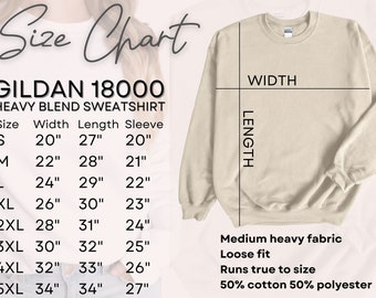 Gildan 18000 Size Chart | Hanging Size Chart for Gildan | Gildan 1800 Mockup and size chart | White background Gildan 18000 Size Guide