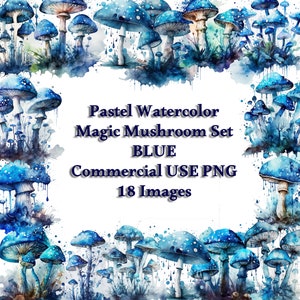 Pastel Watercolor Magic Mushrooms Clipart - BLUE trippy sublimation clip art PNG format instant download for commercial use