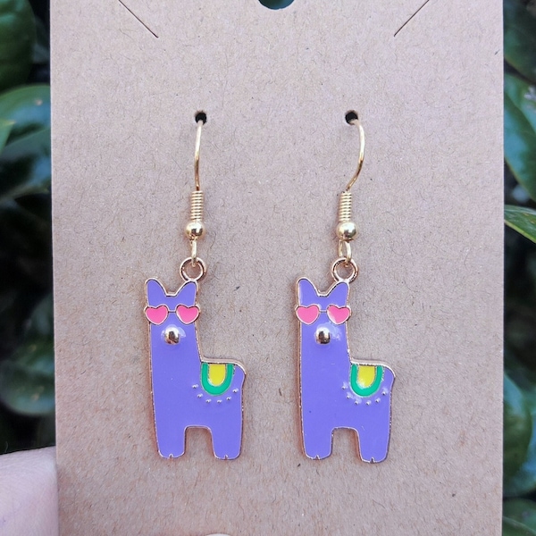 Purple Alpaca Earrings, Llama Earrings, Gold Plated, Llama with Heart Sunglasses, Animal Earrings, Farm Earrings, Unique Earrings