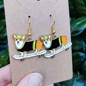 Dog Earrings, Corgi Earrings, Dog on Skateboard, Welsh Corgi, Dog Earrings, Dog Lover, Pet Earrings, Animal Jewelry, Unique, Animal Lover