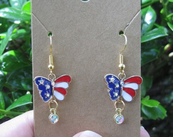 Butterfly Flag Earrings, American Flag Earrings, Fourth of July Earrings, USA, Patriotic, Independence Day, Memorial Day, Red White and Blue