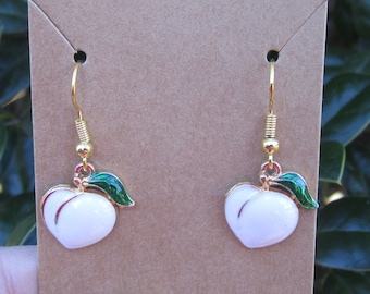 Cute White Peach Earrings, Peach Earrings, Gold Plated, Summer Fruit, Food, Gift for Her, Peach Jewelry, Gift for Peach Lover, Fruit Lover