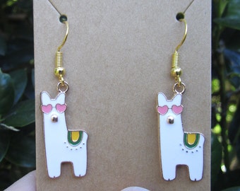 Alpaca Earrings, Llama Earrings, Gold Plated, Llama with Heart Sunglasses, Animal Earrings, Farm Earrings, Unique Earrings, Gift for Her