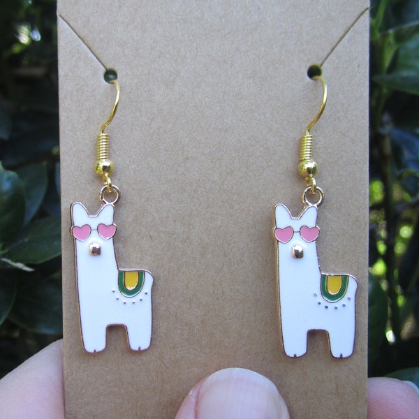 Alpaca Earrings, Llama Earrings, Gold Plated, Llama with Heart Sunglasses, Animal Earrings, Farm Earrings, Unique Earrings, Gift for Her