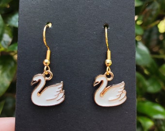 White Swan Earrings, Gold Plated, Bird Earrings, Waterfowl Earrings, Animal Earrings, Gift for Her