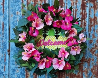 Tropical Wreath, Tiki Bar Wreath, Pineapple Wreath, Beach House Wreath, Luau Decor, Island Wreath, Hawaiian Wreath, Hibiscus Wreath