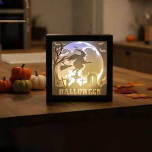 May include: A square black shadow box light featuring a backlit cutout scene of a witch flying on a broomstick in front of a large moon, with silhouettes of trees, tombstones, and bats. The word HALLOWEEN is printed at the bottom of the frame.