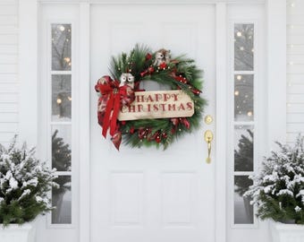 Wizard Christmas Wreath: Hand Painted "Happy Christmas" Wooden Sign, Owls, Golden Key, Stag Ribbon