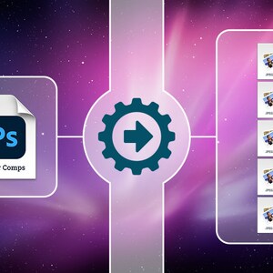 Puede incluir: Un diagrama que muestra cómo exportar diferentes versiones de un archivo de Photoshop usando Capas de composición. El diagrama muestra un archivo de Photoshop con el texto "Capas de composición" y un icono de engranaje con una flecha apuntando hacia la derecha. En el lado derecho del diagrama hay cinco archivos JPEG etiquetados "JPEG1", "JPEG2", "JPEG3", "JPEG4" y "JPEG5".