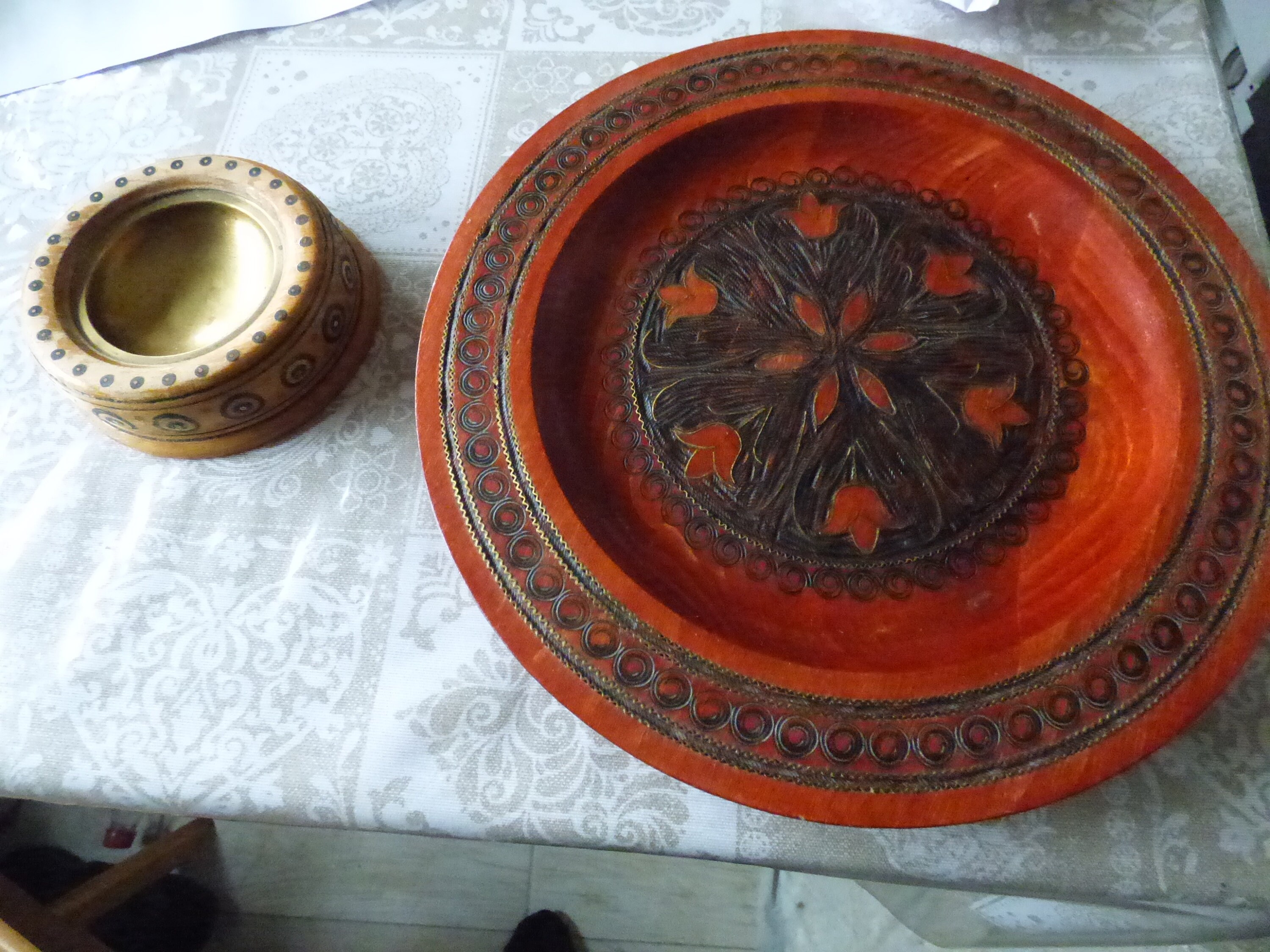 Lot Wooden Carving Wall Plate 27 Diameter and Wooden Ashtrey