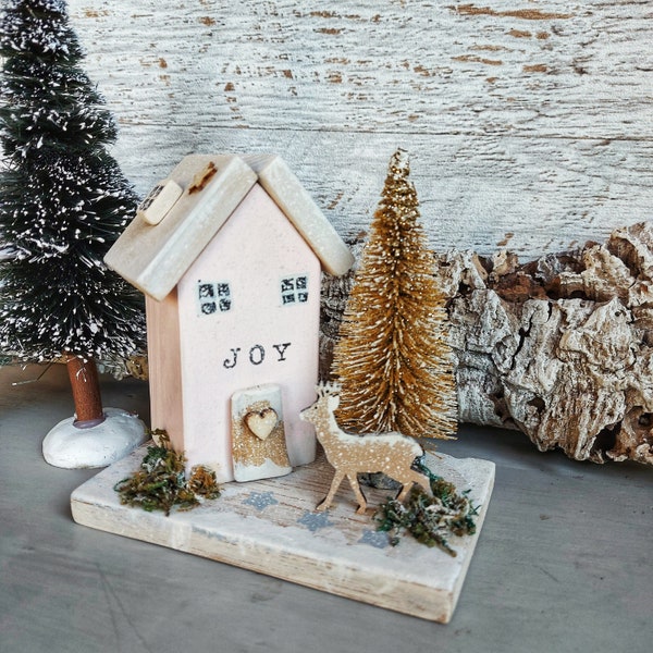 Wooden Christmas house  on a reclaimed wood base, Christmas ornament,  Wooden festive ornament, xmas scene, home decor,  handmade gift,