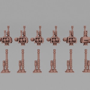 May include: Eight miniature brown plastic models of a futuristic building with a tower and a base. The models are arranged in two rows of four.