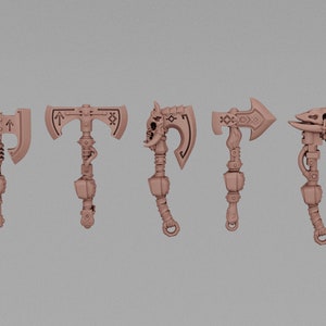 May include: Five brown fantasy axes with unique designs. Each axe features a different head shape, including a wolf, skull, and arrow. The handles have intricate details and a loop at the bottom. The axes are displayed against a neutral background.