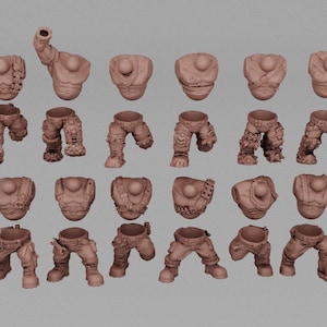 May include: A collection of unpainted miniature figure parts, including torsos and legs, arranged on a gray surface. The parts appear to be from a science fiction or fantasy genre, with detailed armor and clothing.