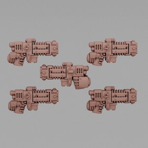 May include: Five brown plastic miniature guns with detailed designs. The guns have a futuristic look and are likely for use in a tabletop game or role-playing game.