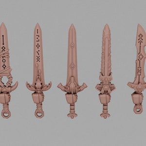 May include: Five detailed, light brown fantasy swords with unique designs. Each sword features intricate hilt and blade details, including runes and geometric patterns. The swords are displayed against a plain, light gray background.