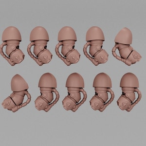 May include: A set of ten unpainted, light brown resin miniature shoulder pads and arm components. Each piece features a rounded shoulder guard, a mechanical joint, and a forearm section with a diamond-shaped detail and a curved cable.