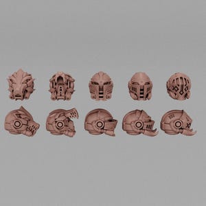 May include: A collection of ten tan-colored, futuristic-looking helmets. The helmets vary in design, with some featuring intricate details and others having a more streamlined appearance. The helmets are arranged in two rows of five.