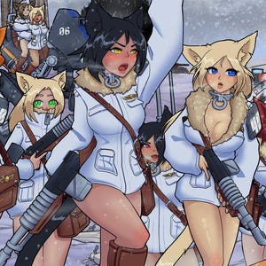 May include: An anime-style illustration of a group of cat-eared characters in white winter jackets with fur-lined collars, carrying rifles. They wear military-style caps and gear, standing in a snowy environment with a tank visible in the background.
