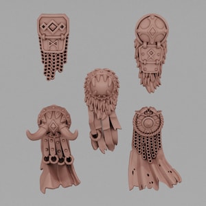 May include: Five detailed, light brown fantasy armor pieces. Designs include shields, chainmail, and decorative elements. The pieces vary in shape and size, with intricate patterns and textures.