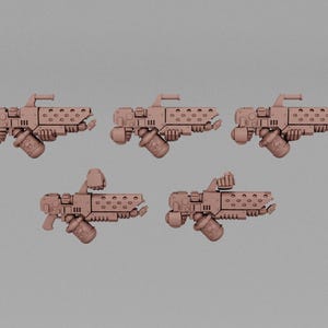 May include: Five beige-colored, futuristic-looking blasters. Each blaster has a cylindrical magazine, a perforated barrel, and a top handle. The design suggests a sci-fi or fantasy theme, possibly for tabletop gaming or cosplay.