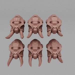 May include: A set of six identical light brown resin miniature helmet components. Each helmet features a rounded top, a central visor section, and two downward-curving tusks or horn-like protrusions extending from the lower face area.