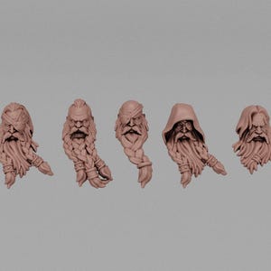 May include: Five detailed, unpainted miniature busts of bearded figures. Each bust features a unique hairstyle and facial expression, with intricate details in the beards and facial features. The figures are in a neutral color.