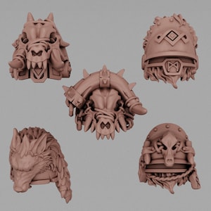 May include: Five different 3D printed helmet designs, each with a unique animal skull motif. The helmets are made of a light brown plastic and have intricate details.