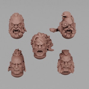 May include: Five different 3D printed miniature heads with various facial expressions and hairstyles. The heads are made of a light brown plastic and are designed for use in tabletop games or role-playing games.
