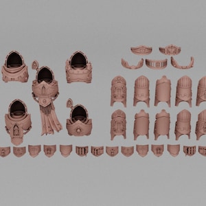 May include: A collection of unpainted, light brown resin miniature armour components, including four ornate shoulder pauldrons, eight rectangular leg plates, and various small decorative trim pieces featuring gothic-inspired relief details.