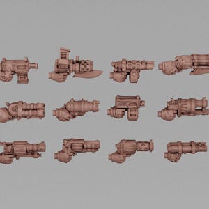 May include: A collection of twelve brown miniature weapon models, each with a unique design. The models feature various shapes, including cylinders, rectangular blocks, and angled blades. The weapons are arranged in three rows of four.