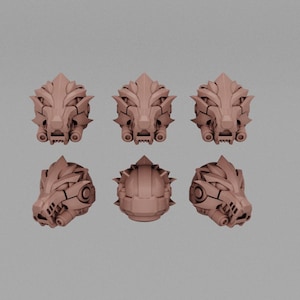 May include: Six 3D-printed, stylized lion heads in various orientations. The heads are a light brown color and feature intricate mechanical details, including sharp edges and geometric shapes, suggesting a robotic or futuristic design. The heads are arranged against a neutral gray background.