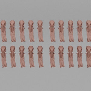 May include: A collection of twenty-one light brown, bird-like skull pendants. Each pendant has a detailed skull design with a long, draped fabric element. The pendants are arranged in a grid pattern against a neutral background.