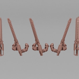 May include: Four brown plastic model chainsaws with a serrated blade and a detailed handle. The chainsaws are posed in different positions.