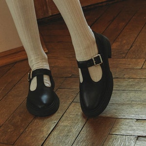 Woman Black T-Strap Mary Janes, Almond Toe Custom Handmade Oxford Flats from Genuine Leather, Vintage Retro Style Ballet Shoes