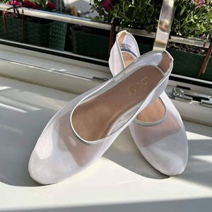 White Mesh Flats with Almond Closed Toe and Genuine Leather Insole, Fishnet Ballet Shoes, Women Sheer Flat Shoes, Jelly Shoes