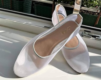 White Mesh Flats with Almond Closed Toe and Genuine Leather Insole, Fishnet Ballet Shoes, Women Sheer Flat Shoes, Jelly Shoes