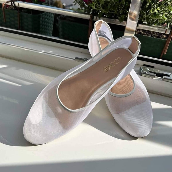 White Soft Mesh Flats with Almond Closed Toe and Genuine Leather Insole, Fishnet Ballet Shoes, Transparent Women Flat Shoes, Sheer Flats