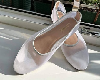 White Soft Mesh Flats with Almond Closed Toe and Genuine Leather Insole, Fishnet Ballet Shoes, Transparent Women Flat Shoes, Sheer Flats