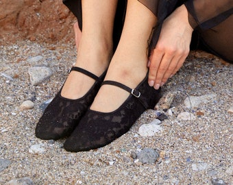 Black Lace Flats with Almond Closed Toe and Genuine Leather Insole, Fishnet Ballet Shoes, Transparent Women Flat Shoes, Sheer Flats
