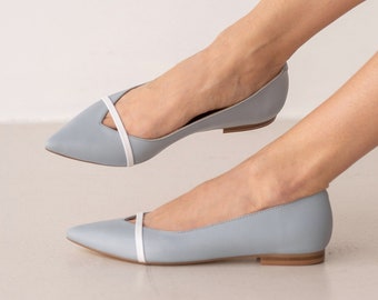 Light Blue Flats with Pointy Toe and Decorative Strap, Wedding Flat Shoes, Closed Toe Flats from Soft Leather, Something Blue Flat Heels