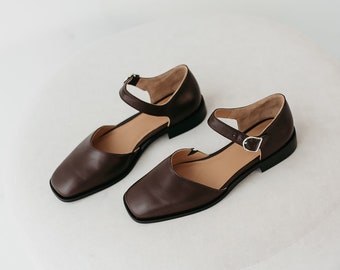 Brown Square Toe Mary Janes in Leather, Women Flats Shoes, Low Block Heel Mary Janes with Brown Strap, Custom Wide Ballet Flat Silver Buckle