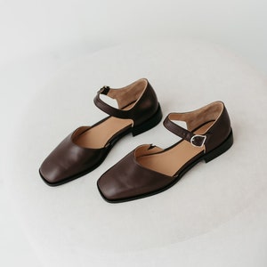 Brown Square Toe Mary Janes in Leather, Women Flats Shoes, Low Block Heel Mary Janes with Brown Strap, Custom Wide Ballet Flat Silver Buckle image 1